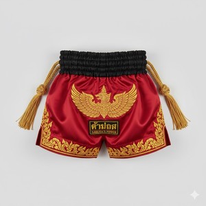 Shorts de Muay Thai pour homme, rouge et or, ailes brodées, satin, taille haute, élastique, équipement de combat sportif, shorts d'entraînement MMA - Product Image 2