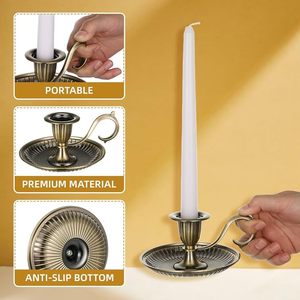Antique Metal <b>Candle</b> Holder with Round Drip <b>Tray</b> and Curved Handle Decorative Taper <b>Candle</b> Stand for Home Decor Tabletop Items - Product Image 3