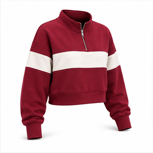 Customize Wine Red <b>Womens</b> Loose Fit <b>Half</b> <b>Zip</b> Cropped <b>Sweatshirt</b> Stand Collar Combed Cotton WHZCROP-0015 - Product Image 4