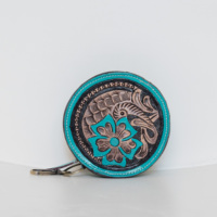 Dompet selempang kulit barat asli pirus dompet Tooled Tangan & casing koin kumparan tangan dengan set gantungan kunci untuk wanita