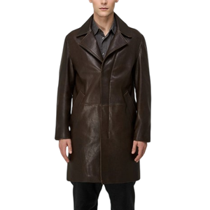 Classic Men's Brown Cowhide Leather One Whole Leather Thick <b>Waterproof</b> Quick Dry Regular Crew Neck Long Jacket Coat - Product Image 5