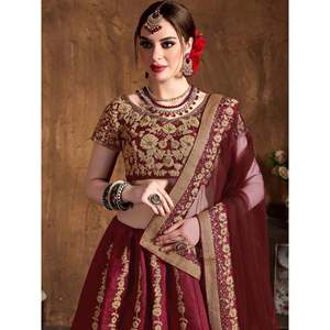 Conjunto de Lehenga Choli de Seda con Bordado Dori Color Granate para Bodas, Talla Grande - Product Image 3