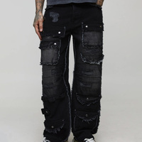 En gros Jeans en denim déchirés délavés à la pierre à rivets coupe droite Streetwear Hip Hop avec logo personnalisé direct usine Pk