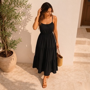Vestido Midi con Tirantes Finos y Volantes, Cintura Elástica, Corte A, Casual, Verano, Transpirable, Tejido, Color Sólido, Ajuste Relajado - Product Image 5