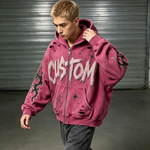 <b>Men's</b> Distressed Graphic <b>Zip</b> <b>Up</b> Hoodie Vintage Washed Ripped Streetwear Jacket Flame Print Oversized Casual Fleece Sweatshirt - Product Image 4