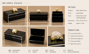 <b>Black</b> Glass Jewelry Storage Box with Gold Plated Natural Stone Knob Glossy Finish Decorative Keepsake and Vanity Organizer - Product Image 6
