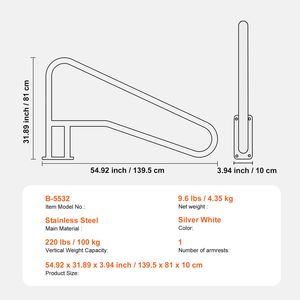 Barandilla de Acero Inoxidable para Piscina de 55 x 32 Pulgadas con Placa Base, Barandilla de Seguridad para Piscina Interior/Exterior, Herramientas y Accesorios para Piscina - Product Image 4