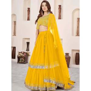 Yellow <b>Sequins</b> Georgette Haldi Wear Lehenga Choli for Women - Product Image 6