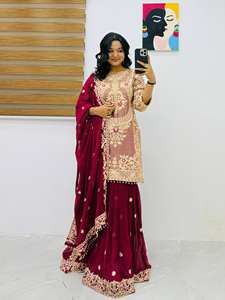 Traje Palazzo Bordado Color Granate de Diseñador – Conjunto Étnico de Georgette con Bordado Pesado y Lentejuelas para Bodas y Festivales - Product Image 2