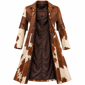 Manteau long en cuir de vachette brun et blanc avec franges et pompons, style western pour femme, fabrication sur mesure - Product Image 5
