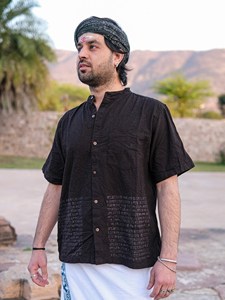 <b>Men</b> Black Khadi Cotton <b>Short</b>-Sleeved <b>Kurta</b> Shirt Handcrafted From Premium Breathable and Eco-Friendly Pure Cotton Fabric - Product Image 3