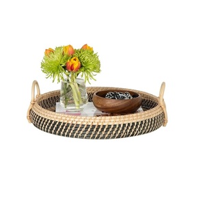 Round Rattan Serving Tray <b>Breakfast</b> Tray Handwoven Wicker Serving Platter Decorative Ottoman Coffee Table Tray - Product Image 4