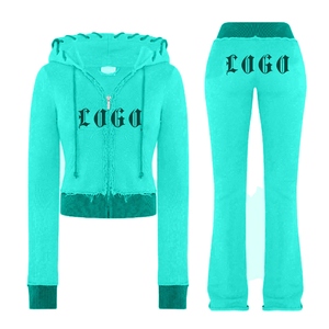Ensemble sweat à capuche et pantalon en tricot vert pour femme, avec logo personnalisé imprimé, vêtement décontracté à manches longues, fermeture éclair sur le devant, motif lettres - Product Image 5