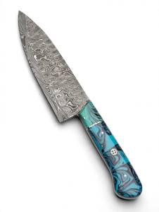 Herramienta utilitaria con mango de resina turquesa y negra con efecto espiral, personalizada, con hoja de acero de Damasco fija. - Product Image 6
