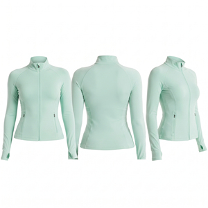 Chaqueta de compresión de yoga para mujer al por mayor, de elastano y poliéster, para gimnasio, con orificio para el pulgar, cremallera, teñida y bordada, para fitness - Product Image 6