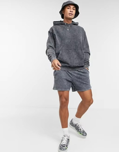 Conjunto de 2 Piezas Casual de Hip Hop para Hombre, Sudadera con Capucha de Manga Larga y Pantalones Cortos, Conjunto Deportivo con Capucha y Pantalones Cortos con Lavado Ácido, 100% Algodón - Product Image 4