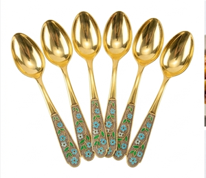 Cuillères à thé plaquées or de qualité supérieure avec motif floral, manche long, finition miroir, ensemble de couverts en métal durable pour la présentation à la maison - Product Image 1