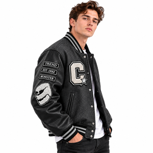 Veste varsity en laine noire pour homme avec manches en simili cuir, patch lettres, boutons pression, veste décontractée - Product Image 4