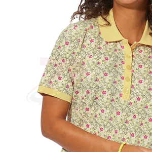Polo pour femme à imprimé floral, coupe classique, respirant, manches courtes, jaune rose, décontracté, tissé, 100% coton - Product Image 3