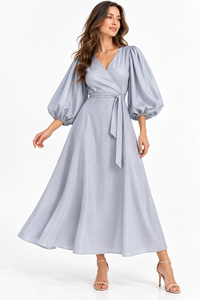 Elegante Vestido Casual Cruzado de Algodón Liso con Cuello en V, Manga Abullonada Tres Cuartos, Volantes, Cintura con Cinturón, Falda Acampanada Transpirable, Corte en A - Product Image 2
