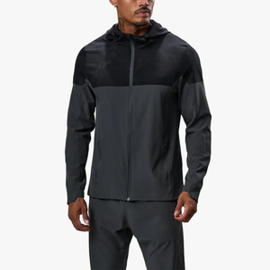 Survêtement gris foncé pour homme, manches longues, à capuche, fermeture éclair, coupe sportive, coupe régulière, vêtements d'automne, séchage rapide, polyester, poches latérales - Product Image 4