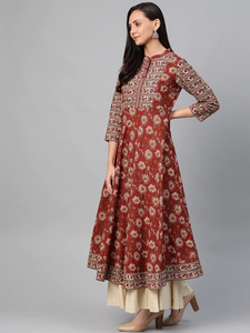 ชุดอานาร์กาลีคุร์ตาสำหรับผู้หญิง สีแดงเลือดหมู ผ้าฝ้าย พิมพ์ลายดอกไม้ ดีไซน์คอเสื้อแบบจีน แขนสามส่วน สไตล์ชาติพันธุ์ต่างๆ ทั่วโลก - Product Image 3