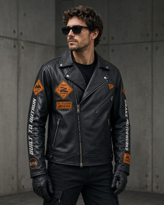 Blouson de moto en cuir noir pour homme Drake Motorworks, style moto, fermeture éclair sur le devant, coupe régulière, coupe-vent, pour l'automne - Product Image 4