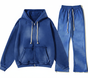 Ensemble de survêtement en molleton de coton pour homme, effet vieilli, comprenant un sweat à capuche et un pantalon, couleur unie, respirant, pull chaud pour l'hiver - Product Image 2