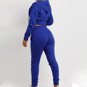 Women's Royal Blue Hooded Tracksuit Set Full Sleeve Zipper Front <b>Crop</b> <b>Top</b> With Side Pockets Casual Autumn Wear Solid Color - Product Image 2