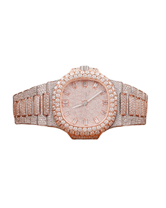 Excellent Quality Moissanite Round Cut Rose Gold Diamond Watch Quartz Watch Roman White Dial Available at Affordable Price - Product Image 1