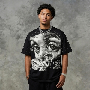 T-shirt noir oversize pour homme à manches courtes, orné de strass, style urbain 77, col rond, coupe jersey, 100 % coton respirant tricoté - Product Image 3