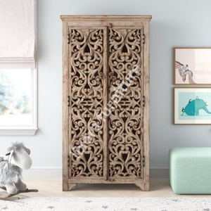 Luxury Handcrafted Solid Wood 2 Door <b>Wardrobe</b> Ornate Filigree Carving Antique Whitewash Finish - Product Image 4