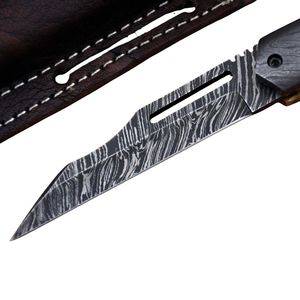 Cuchillo de Caza para Exteriores, Hecho a Mano, de Acero de Damasco, Hoja Fija con Mango Curvo de Madera y Funda de Cuero, para Camping, Senderismo y Uso General - Product Image 5