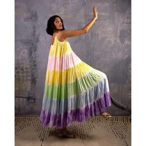 Robe longue sans manches à volants pour femme, motif color block arc-en-ciel, coupe ample, tenue d'été pour les vacances - Product Image 3