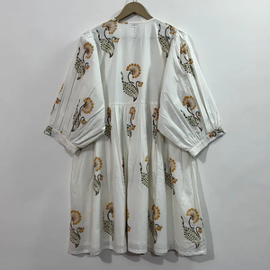 Vestido Midi Informal de Algodón para Mujer, Mangas Abullonadas, Cintura Imperio, Estilo Babydoll, Vestido de Verano, 100% Algodón, Cuello en V Extra Grande, Estampado Floral - Product Image 3