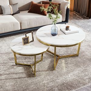 Modern 2-Piece White and <b>Marbling</b> Top <b>Coffee</b> <b>Table</b> <b>Set</b> with Gold Base Nesting Round Design - Product Image 1