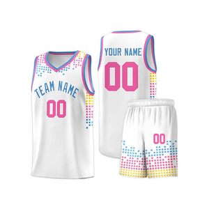 Conjunto de Uniforme de Baloncesto Sublimado Personalizado, Blanco, Rosa, Azul, Amarillo, Nombre del Equipo 00, Cuello en V, Sin Mangas, Malla, Unisex para Adultos - Product Image 1