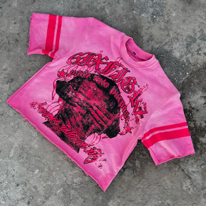 Custom Wholesale <b>Men</b> <b>Pink</b> Boxy Fit Graphic T-<b>Shirt</b> Y2K Streetwear Oversized Heavyweight Tee with Striped Sleeves - Product Image 6