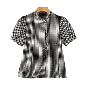 Mùa Hè Kiểm Tra Áo Phụ Nữ Thanh Lịch Phun Tay Áo Áo Sơ Mi Cổ Điển Lưới In Áo O Cổ Làm Việc Áo Giản Dị Lỏng Áo Sơ Mi - Product Image 1