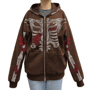 Sudadera con capucha de algodón polar marrón con cremallera completa y diamantes de imitación, estilo esqueleto, para hombre, con logotipo personalizado, fabricación estilo vintage - Product Image 1
