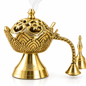 Brûleur d'encens en laiton avec socle lotus, couvercle découpé Om, poignée courbée, support métallique pour Bakhoor Mabkhara Dhoop, décoration de temple Puja - Product Image 1