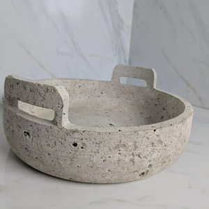 Frutero de Travertino Hecho a Mano con Asas, Centro de Mesa Rústico de Piedra, Tazón Decorativo de Travertino Natural para Hogares y Cocinas - Product Image 1