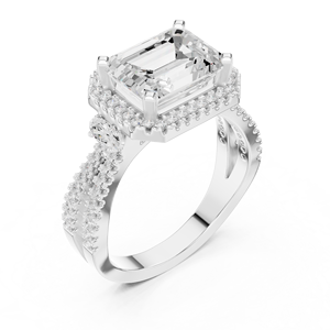 Anillo de compromiso de tres piedras con halo esmeralda Axis para mujer, oro de 10k/14k/18k/plata de ley, joyería con pavé dividido de oro y plata de laboratorio. - Product Image 5