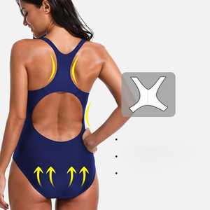 Maillot de bain de course pour femme, bleu marine uni, col rond, coupe haute, extensible en spandex, vente en gros - Product Image 2