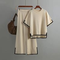 Ensemble 2 pièces tricoté bleu clair pour femme, col rond, manches mi-longues, coupe droite, couleur unie, pantalon long décontracté, effet délavé, toutes saisons