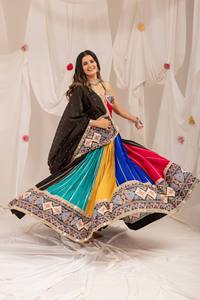 Traditional Indian Wedding Lehenga Set Women's Pure Rayon Colorful Embroidered Floor-Length Skirt with <b>Red</b> <b>Crop</b> <b>Top</b> and Dupatta - Product Image 2