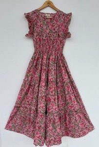 Women's Pink Floral Cotton Maxi <b>Dress</b> Ruffle Short Sleeve Boho Summer Wear Shirred Waist Elegant Party <b>Dress</b> - Product Image 1