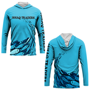 Camisa de Pesca para Hombre Ishaq Traders, Manga Larga, Secado Rápido, UPF 50, Estampado por Sublimación, Diseño de Peces Azules, Top Tipo Pullover - Product Image 1