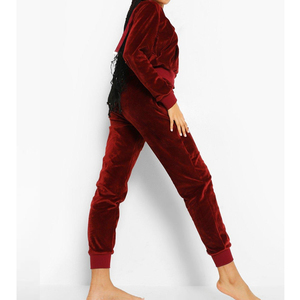 Men's Red <b>Velvet</b> Eco-Friendly Streetwear <b>Tracksuit</b> Full Length Hooded Sweatshirt with Drawstring Pants Casual Autumn Wear - Product Image 4