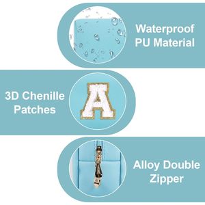 Borsa per il Trucco Personalizzata Blu con Cerniera, Graziosa Pochette da Viaggio in PU Chenille con Iniziale A-Z, Astuccio Cosmetico con Patch Iniziale - Product Image 2
